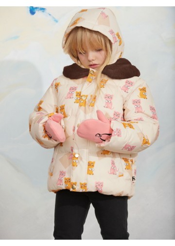 Kittens AOP Faux Fur Collar Puffer Jacket